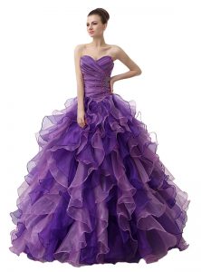 Purple Sleeveless Beading and Ruffles and Ruching Floor Length Sweet 16 Quinceanera Dress
