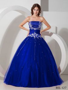 Strapless Taffeta and Tulle Appliqued Beaded Quinceanera Dress in Warnes