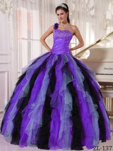 Multi-color Single Shoulder Ruched Ruffled and Sequins Quinces Dresses