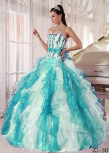 White and Turquoise Ruffled and Appliqued Flower Dress For Quinceanera