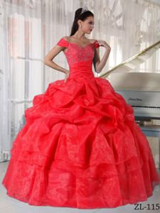 Red Off The Shoulder Pick Ups and Diamonds Sweet 15 Dresses in Delafield