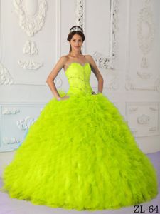 Yellow Green Beaded Ruched and Ruffled Quinceanera Gown in Summersville