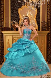 Teal Embroidery and Pick Ups Sweet Sixteen Quinceanera Dress in Bluefield