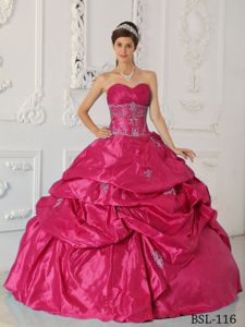 Coral Red Taffeta Quinceanera Gowns with Ruche Appliques and Pick Ups