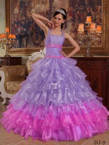 Lilac and Pink Ball Gown Halter Organza Beading Quinceanera Dress in Concord