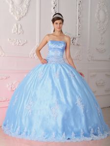 Light Blue Strapless Quinceanera Dress with Lace Appliques in Carson City