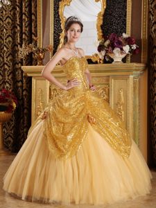 Gold Sweetheart Sequined and Tulle Hand Made Flowers Quinceanera Dress