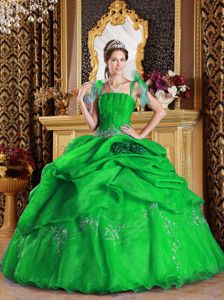 Green Straps Organza Quinceanera Dress with Appliques and Hand Made Flowers