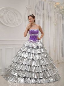 Popular Purple and Silver Princess Strapless Beading Sweet Sixteen Dresses