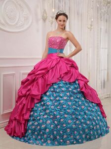 Coral Red and Blue Strapless Taffeta Beading and Appliques Quinceanera Dress