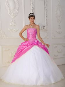Hot Pink and White Strapless Appliques and Hand Flower Quinceanera Dress