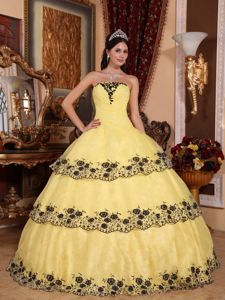 Yellow Ball Gown Strapless Organza with Lace Appliques Quinceanera Dress