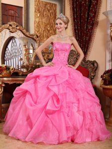 Rose Pink Strapless Organza Appliques Quinceanera Dress with Pick-ups