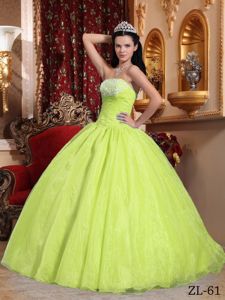Discount Yellow Green Strapless Organza with Appliques Quinceanera Dress