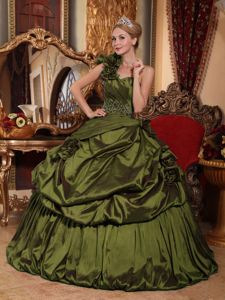 Olive Green Flower One Shoulder Taffeta Beading Quinceanera Gown Dresses
