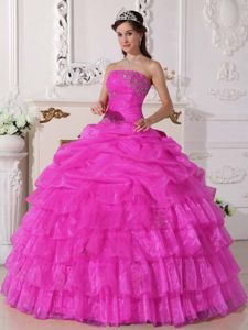 Hot Pink Strapless Organza Quinceanera Dress with Appliques and Ruffled Layers