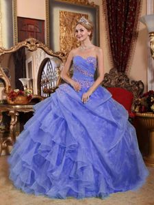 Blue Ball Gown Sweetheart Organza Sweet 15 Dresses with Appliques and Ruching