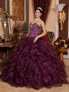Dark Purple Sweetheart Organza Sequins and Ruffles Quince Dress in Kalamazoo