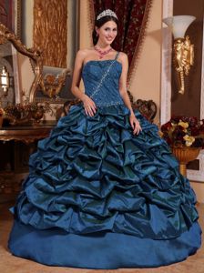 Blue Ball Gown One Shoulder Taffeta Quince Dress with Pick-ups and Beading