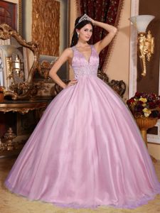 Cheap Pink V-neck Tulle and Taffeta Beading Sweet Sixteen Dresses in Flint