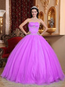 Hot Pink Strapless Tulle and Taffeta with Beading and Appliques Quinceanera Dress