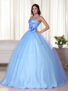 Light Blue Sweetheart Tulle Beading Quinceanera Dress with Hand Made Flowers