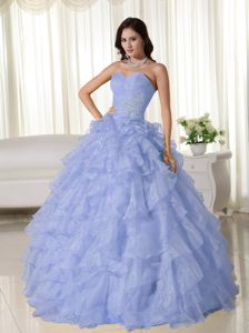 Light Blue Sweetheart Ruffled Layers Organza Appliques Quinceanera Dress