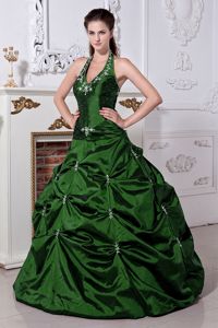 Hunter Green Halter Long Quinceanera Gown with Embroidery and Pick-ups