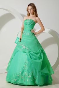Pretty Green Strapless Full-length Quinceanera Gown Dress with Embroidery
