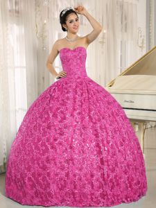 Hot Pink Sweetheart Long Quinceanera Gown with Embroidery and Sequins