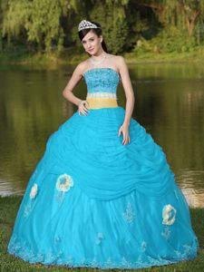 Aqua Blue Beaded Strapless Full-length Quinceanera Dresses with Flowers