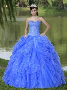 Blue Beaded Sweetheart Full-length Quinceanera Gowns with Ruffle-layers
