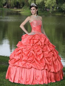 Watermelon Beaded Strapless Full-length Quinceanera Dress with Pick-ups