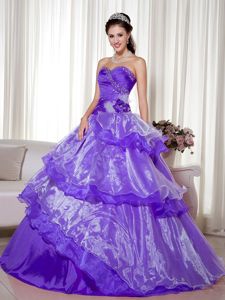 Purple Sweetheart Floor-length Quinceanera Gown with Flower and Layers