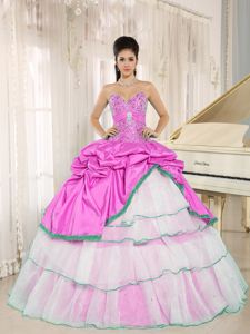 Hot Pink and White Beaded Sweetheart Long Quince Dresses with Pick-ups