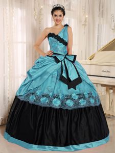 Blue and Black Appliqued One Shoulder Long Quince Dress with Bowknot