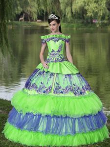Colorful Off The Shoulder Floor-length Quinceanera Gowns with Appliques