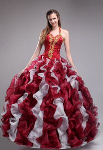 New Wine Red Appliqued Halter Long Sweet Sixteen Dresses with Ruffles