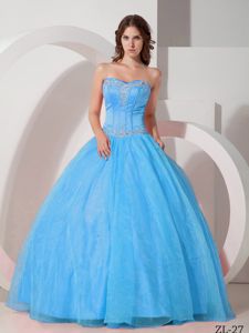Aqua Blue Lace-up Sweetheart Long Quince Dress with Appliques in Boise