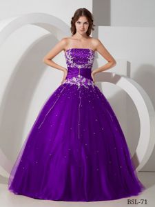 Purple Strapless Long Quinceanera Gown Dress with Beading and Appliques