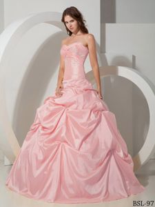 Baby Pink Beaded Sweetheart Long Quinceanera Gown Dress with Pick-ups