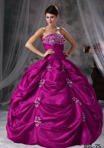 New Strapless Fuchsia Long Quinceanera Gown with Pick-ups and Appliques
