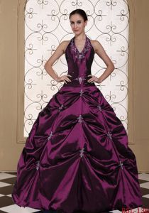 Dark Purple Beaded Halter Long Dresses For Quinceanera with Embroidery