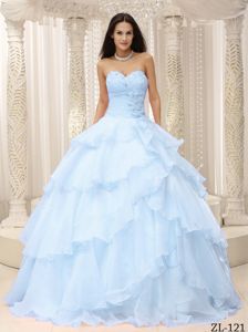 Pretty Light Blue Beaded Sweetheart Long Quinceanera Dresses with Layers