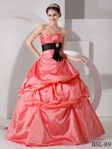 Watermelon Sweetheart Long Quinceanera Gowns with Pick-ups and Sash