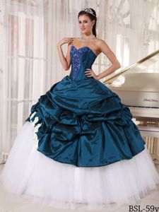 Teal and White Sweetheart Floor-length Quinceanera Dresses with Pick-ups