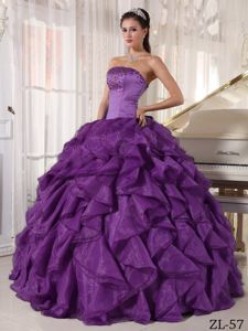 Strapless Purple Beaded Floor-length Quinceanera Gowns with Ruffle-layers