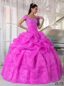 Fuchsia Off The Shoulder Full-length Quinceanera Gown Dress with Pick-ups