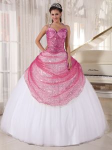 Rose Pink and White Halter Long Quinces Dresses with Appliques in Beverly