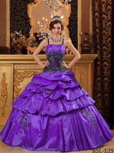 Modest Appliqued Purple Long Quinceanera Gown with Straps and Pick-ups
